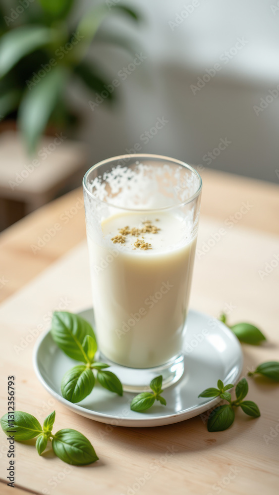 A glass of milk with foam and a sprinkle of herbs on top, placed on a wooden surface surrounded by fresh leaves. A glass of milk with foam and a sprinkle of herbs on top, placed on a wooden surface surrounded by fresh leaves.