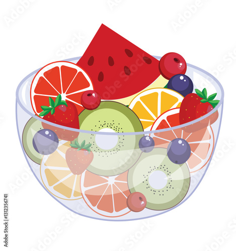 vector fruit bowl, containing a variety of fruits in a glass bowl