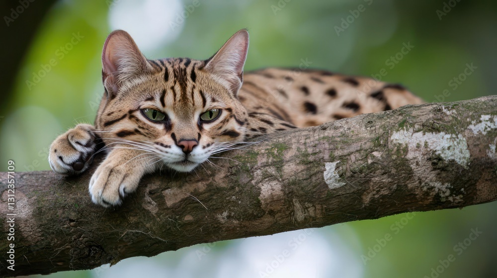 Spotted Serval Cat Resting on Tree Branch Spotted Serval Cat Resting on Tree Branch
