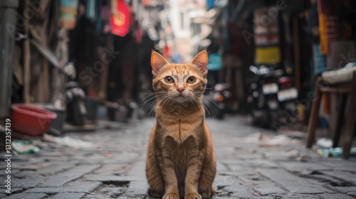 Orange Tabby Cat Sitting on Cobblestone Street in a City Alley