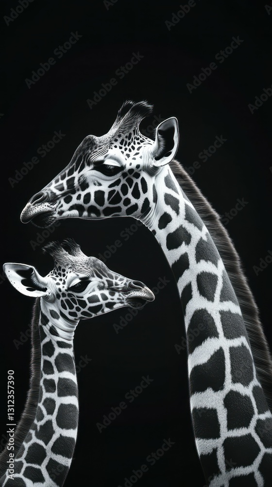 Naklejka premium Giraffes standing gracefully, showcasing their unique patterns and long necks against a dark backdrop in a natural habitat