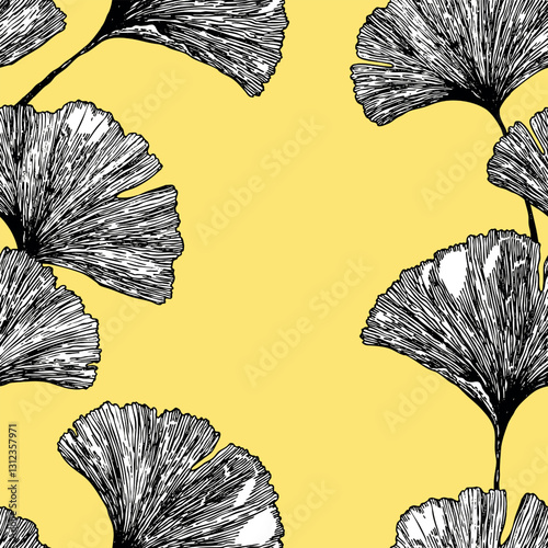 Seamless floral pattern with ginkgo biloba leaves. Art flowers on color background. Decorative sceleton leaf. Vector hand drawn illustration. Minimal linear style.