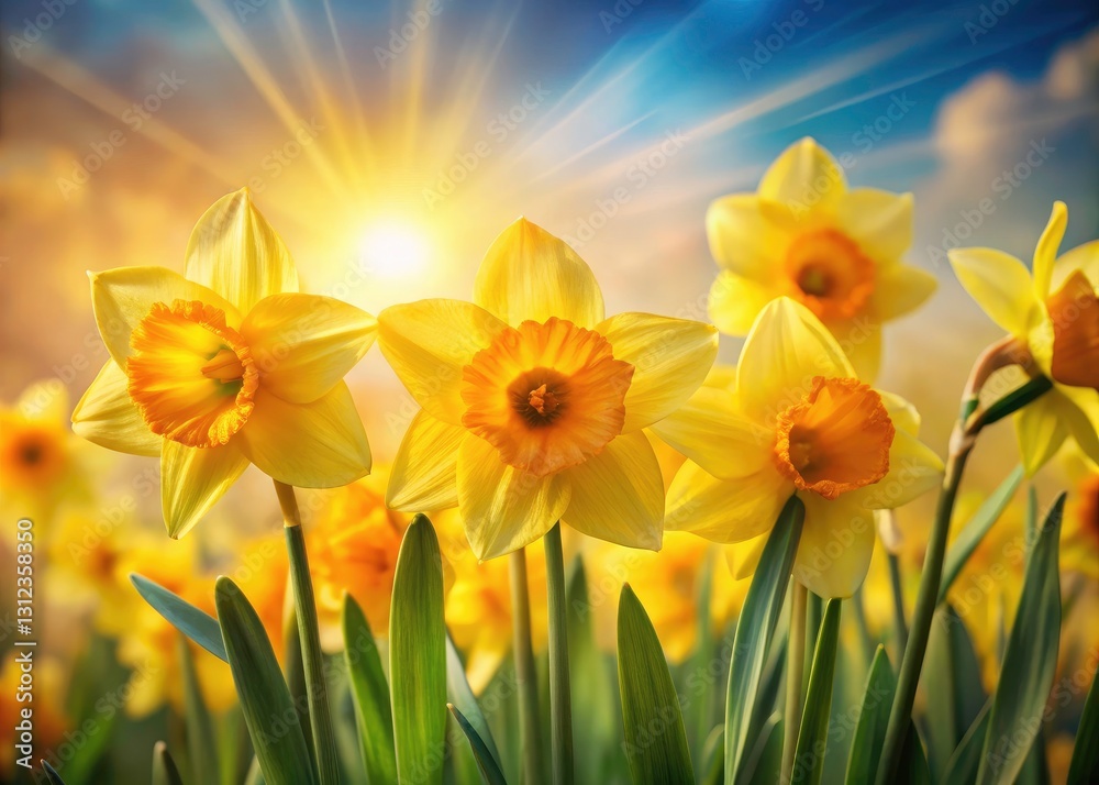 Fototapeta premium Spring Daffodils Close-Up, Sunny Bokeh Background, Yellow Flowers, Spring Landscape Photography