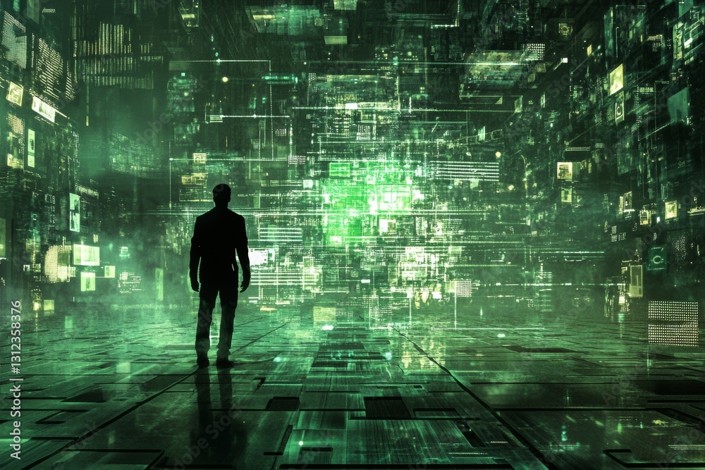 Futuristic silhouette in green digital data landscape environment Futuristic silhouette in green digital data landscape environment