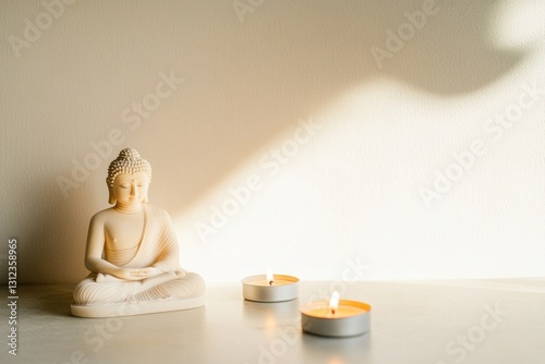 serene buddha statue with flickering candle-lit votives encapsulating tranquil essence of vesak day gentle shadows photo