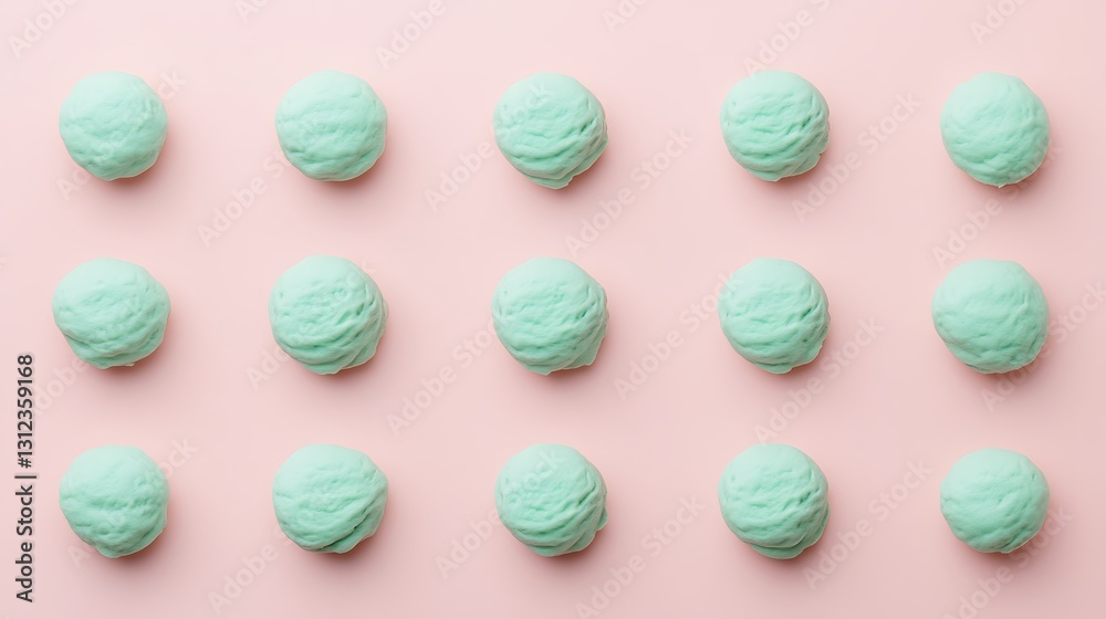 Obraz premium Scoops of mint ice cream arranged on pink background; food advertisement or dessert menu image