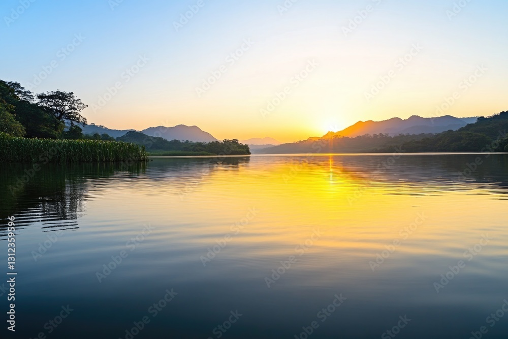 Obraz premium serene lakeside scene at sunrise with calm water reflecting golden hues of sky surrounded by greenery and distant mountains