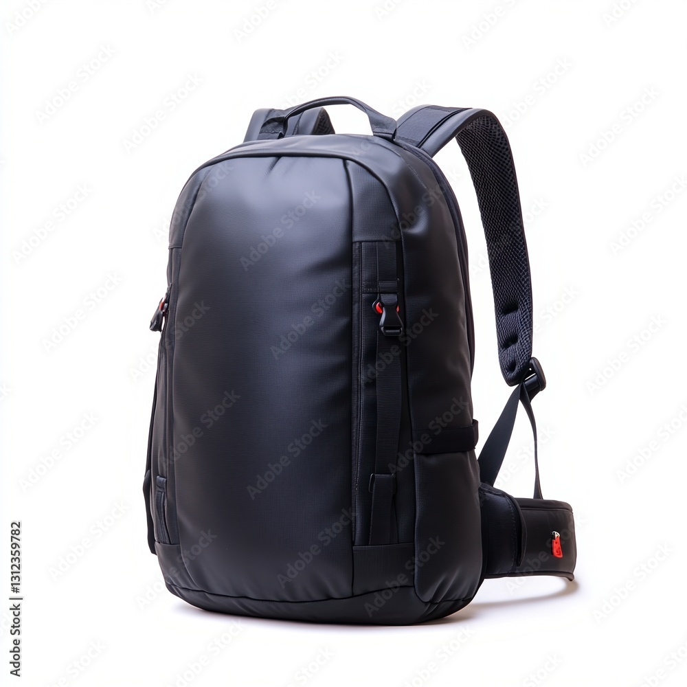 Black backpack on white background, studio shot. Durable, modern design with adjustable straps and multiple compartments. Ideal for everyday use or