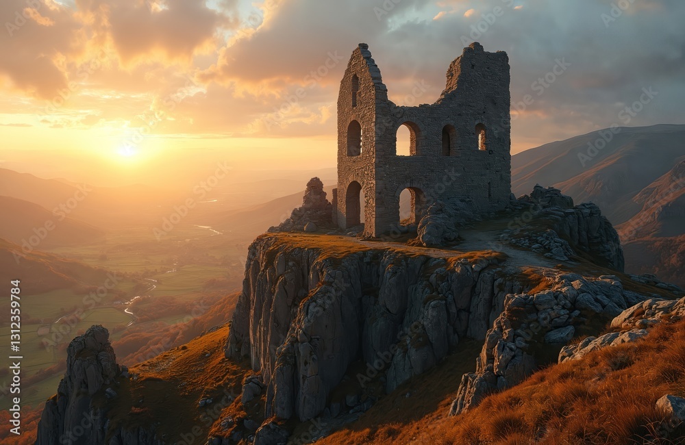 Obraz premium Ruined stone castle stands on hill overlooking valley during sunset. Crumbling walls and collapsed sections remain as historical landmark attraction on rocky mountain. Tourist destination.