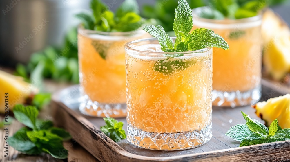 Fototapeta premium Refreshing Tropical Cocktail with Mint and Pineapple Garnish in Stylish Glasses on Wooden Tray