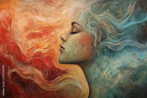 Serene Portrait of a Woman with Flowing Hair and Colorful Background