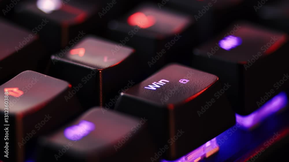 Human finger is clicking on the WIndows button on the computer keyboard, close up view. The finger presses Windows on the keyboard key, macro shot. Loop footage.