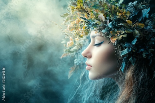 Ethereal Woman Portrait with Floral Crown in Mystical Setting