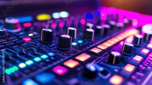 Close up of a music mixer with colorful lights and knobs. Vibrant purple and pink hues illuminate the control panel