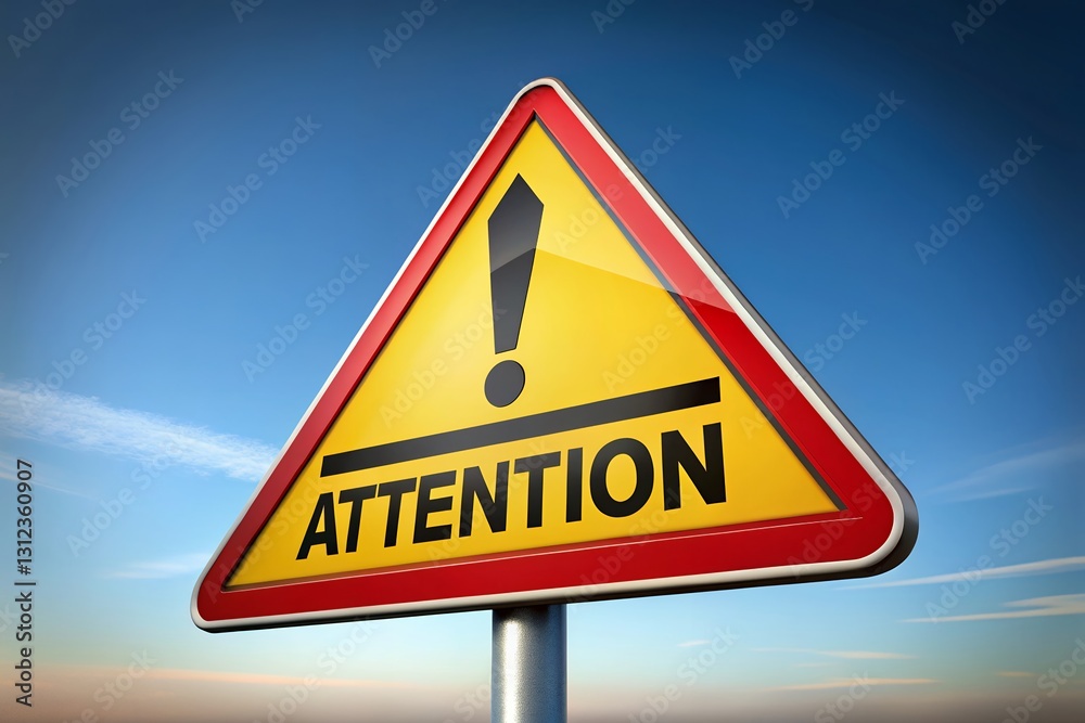 Attention Sign with Exclamation Point on Triangle Road Sign Attention Sign with Exclamation Point on Triangle Road Sign