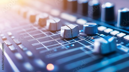 Close up view of a sound mixing console with silver knobs and blue toned lighting. The focus is on the central knobs and the texture of the control