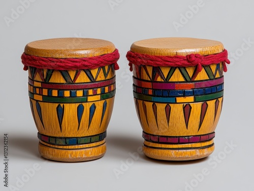 Pair of Small Yellow Drums with Red and Multicolored Geometric Designs