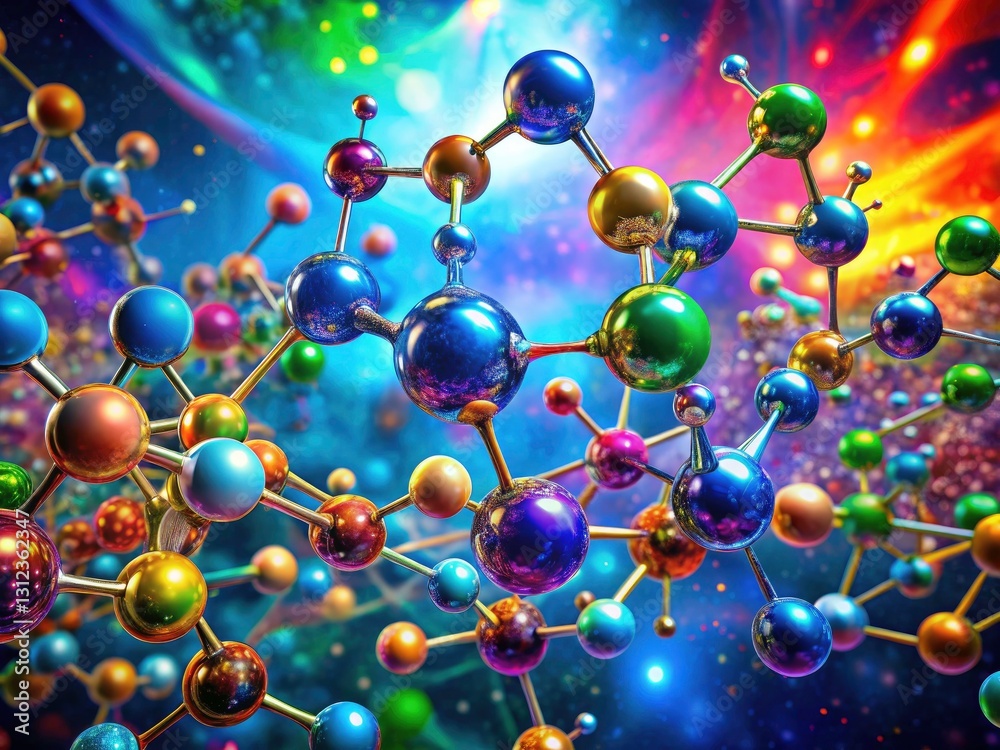 Surreal Colorful Molecular Model, Abstract Science Art, Vibrant Blue Gradient Background, Atomic Structure, 3D Rendering Surreal Colorful Molecular Model, Abstract Science Art, Vibrant Blue Gradient Background, Atomic Structure, 3D Rendering