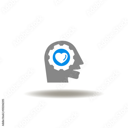 Vector illustration of head with gearwheel and heart. Symbol of soft skills.