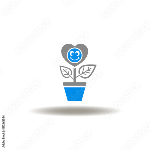 Vector illustration of pot grow plant flower heart smile face self awareness. Symbol of