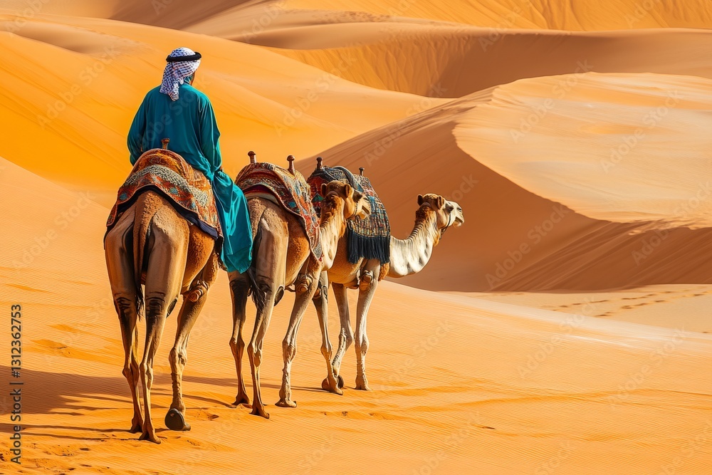 Fototapeta premium Desert Journey: A person rides a camel through a vast desert, capturing the spirit of travel and exploration. Capture the essence of a timeless journey.