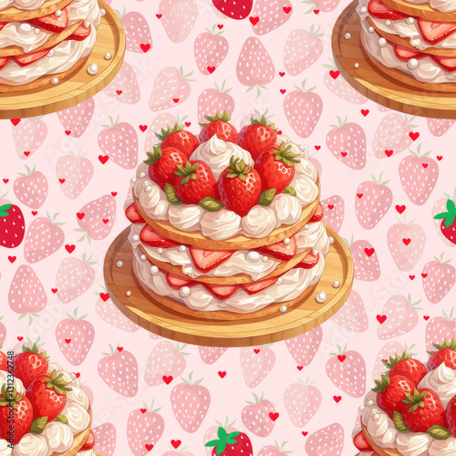 Cute Strawberry Cake, Seamless pattern repeat