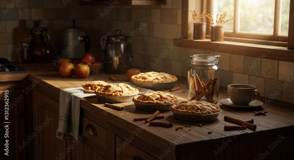 Homemade Apple Pies and Cinnamon Sticks on Rustic Kitchen Counter Homemade Apple Pies and Cinnamon Sticks on Rustic Kitchen Counter