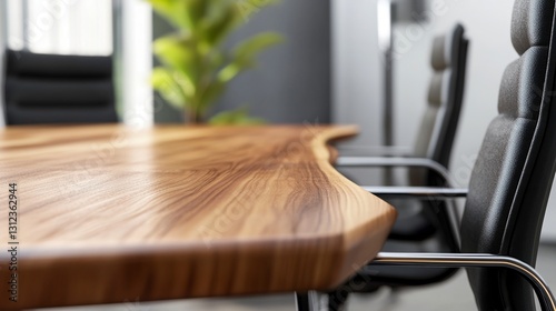 Close up of a modern conference table with a live edge wooden top and sleek chrome chairs in a bright office setting