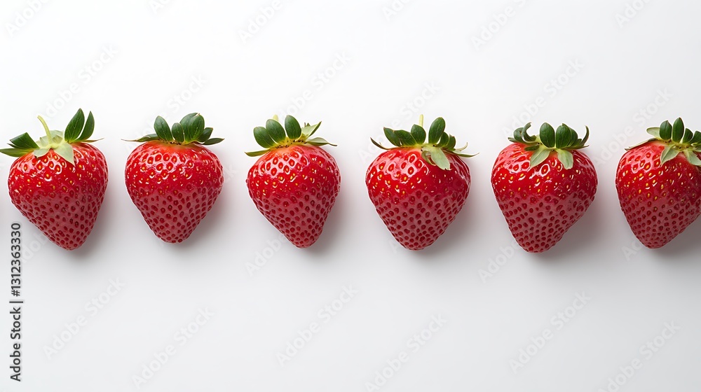 Six strawberries lined up on white. Use for recipe or healthy food website. Copy space Six strawberries lined up on white. Use for recipe or healthy food website. Copy space
