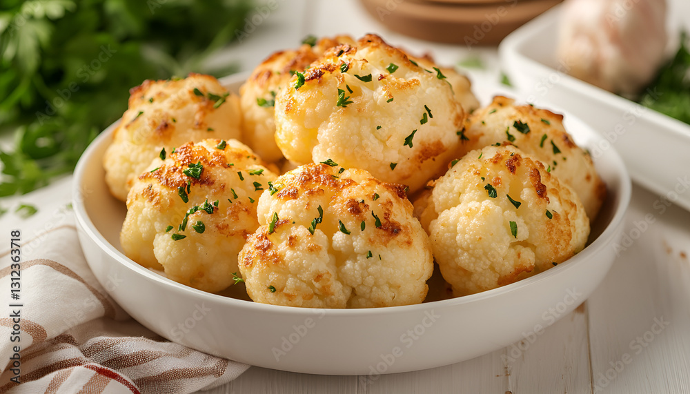 Delicious cooked cauliflower on white wooden table, close-up Delicious cooked cauliflower on white wooden table, close-up