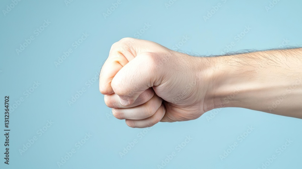 Clenched Fist of a Man Against a Light Blue Background Clenched Fist of a Man Against a Light Blue Background