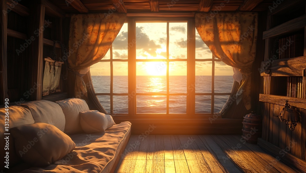 Fototapeta premium Serene living space overlooking the ocean at sunset with warm natural light streaming through the windows : Generative AI