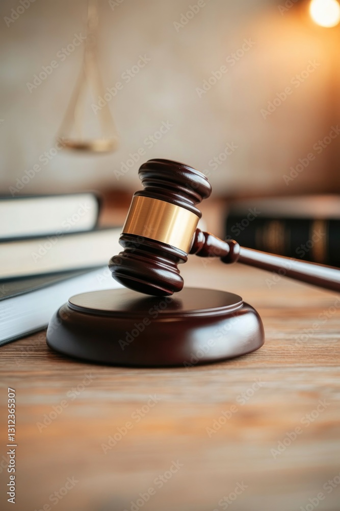 solemn gavel resting on wooden table surrounded by law books under warm lighting solemn gavel resting on wooden table surrounded by law books under warm lighting