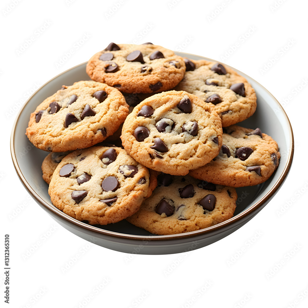 
chocolate chip cookies in a plate isolated on transparent white background, clipping path, pen tool.
