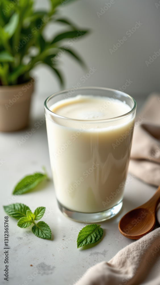 Cold glass of milk on a table with leaves and a cup. Cold glass of milk on a table with leaves and a cup.