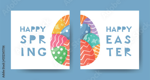 Stylish Easter card set with half of bright Easter egg and text Happy Easter and Happy Spring. Cute poster on white background
