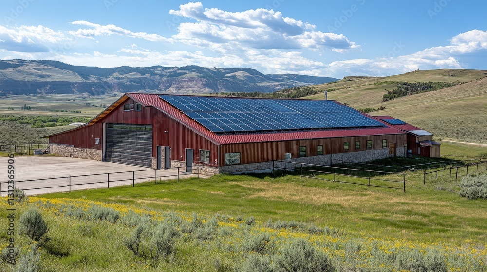 Solar-powered barn in a rural landscape with rolling hills and blue sky, showcasing sustainability Solar-powered barn in a rural landscape with rolling hills and blue sky, showcasing sustainability