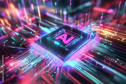 High-Tech AI Chip Embedded in Colorful Digital Circuitry for Future Innovations : Generative AI photo