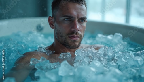 Athlete takes ice bath for recovery after exercise. Young man submerged in cold water filled with ice cubes. Sportsperson bathes in bathtub for health, wellness and muscle pain relief.