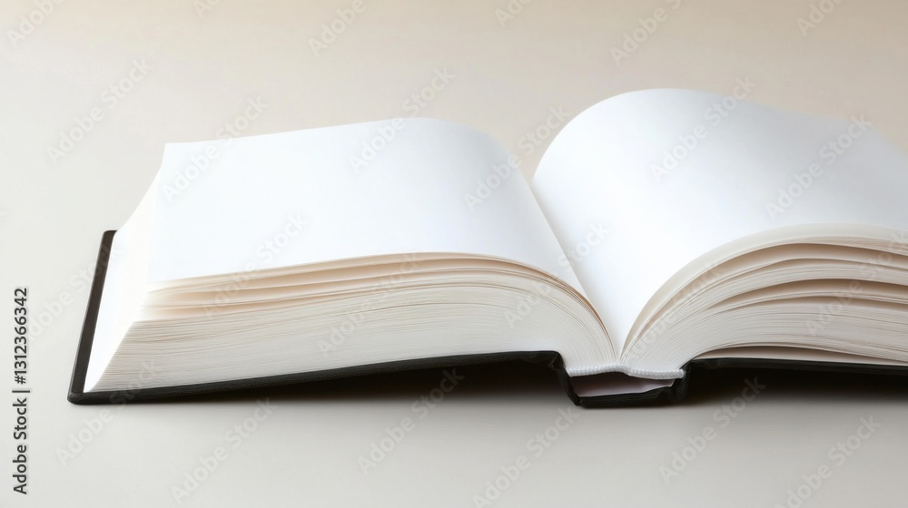 Open blank book with crisp white pages, lying on a neutral background, ready for text or images. Open blank book with crisp white pages, lying on a neutral background, ready for text or images.
