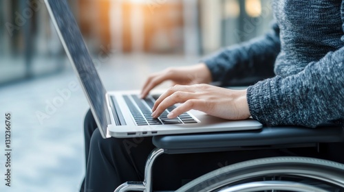 Person in wheelchair using laptop outdoors. Neutral light, gray sweater, close up hands typing. Modern city background is blurred