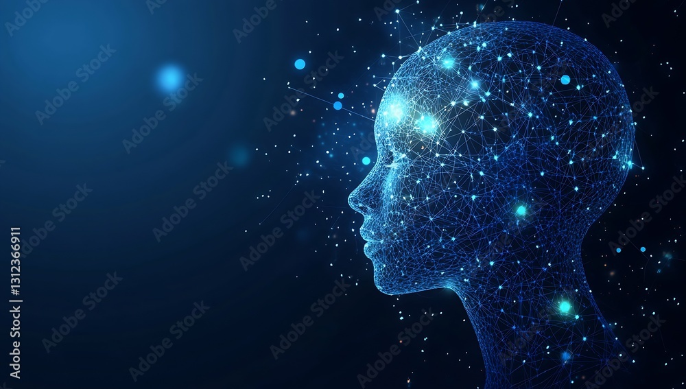 Glowing digital head silhouette surrounded by bright nodes and lights representing advanced technology and AI : Generative AI Glowing digital head silhouette surrounded by bright nodes and lights representing advanced technology and AI : Generative AI