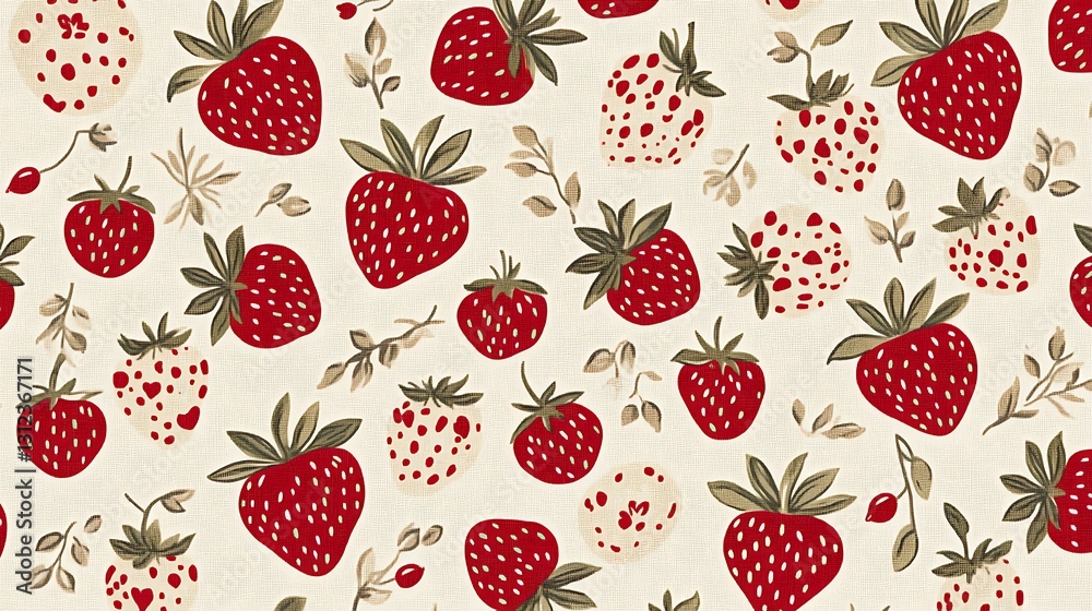 Strawberries & leaf scattered on beige textured backdrop used for textiles, wallpaper, or product print design Strawberries & leaf scattered on beige textured backdrop used for textiles, wallpaper, or product print design