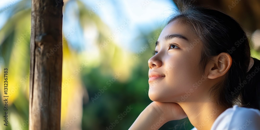 Young woman with dark hair gazes thoughtfully towards a bright, blurry outdoor background of green foliage and sunlight. She rests her chin on her