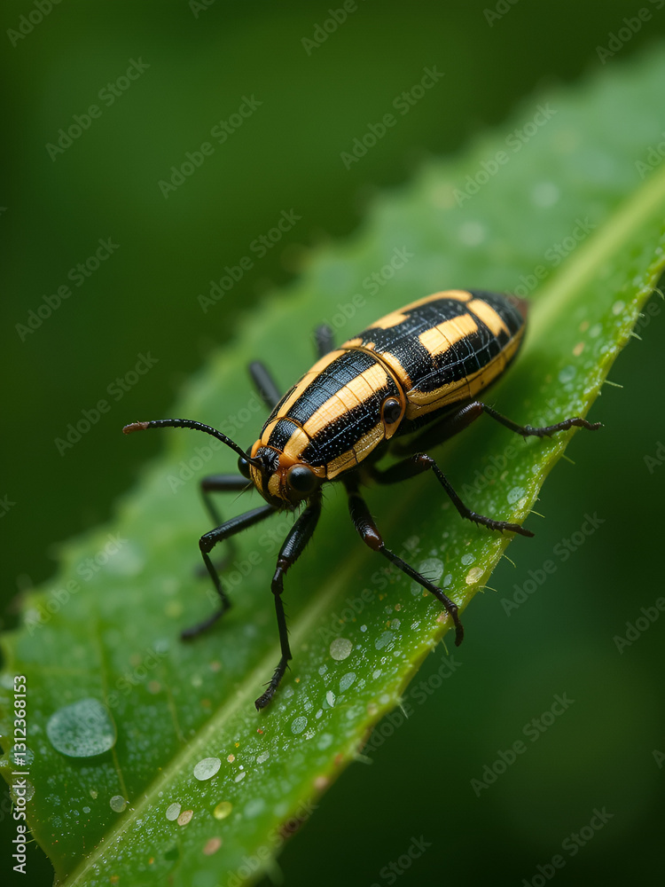 Striped insect on leaf, green background, macro photography, nature Striped insect on leaf, green background, macro photography, nature