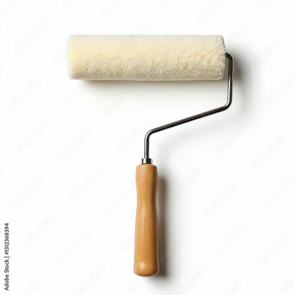 Obraz premium Close-up of paint roller with wooden handle, metal frame on white background. Tan, white colors. Tool for wall painting, home repair, interior renovation, construction. Minimalist design. Applying