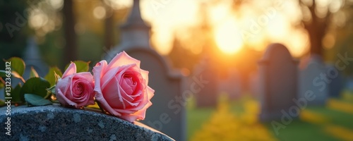 Pink roses on headstone at sunrise, eternal memory, grieving concept. Tribute to lost loved one. Symbol of peace, remembrance, mourning, honor, respect at grave in cemetery at dawn.