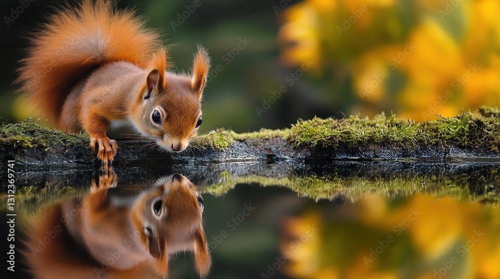 Obraz premium Red Squirrel Drinking from a Puddle with its Reflection Visible. Curious squirrel drinking water from a river .