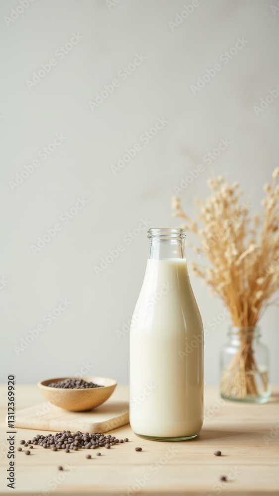This image features a glass bottle filled with milk placed on a wooden table alongside small jars of cream and a bowl of coffee beans. This image features a glass bottle filled with milk placed on a wooden table alongside small jars of cream and a bowl of coffee beans.
