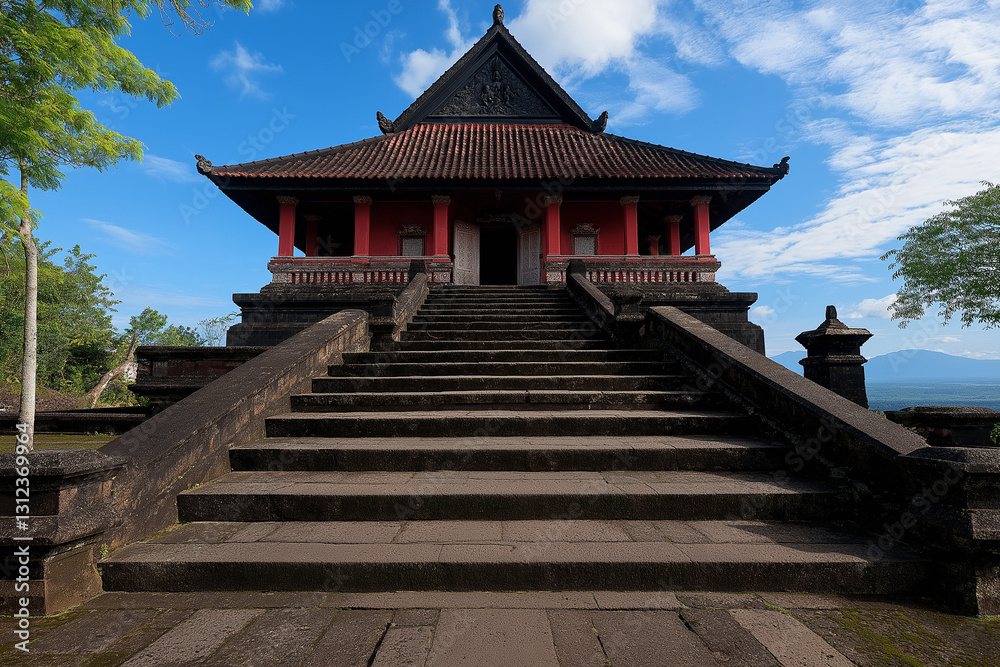 an ancient red and black tower with stairs in front of the building, two pavilions on both sides, an ancient red and black tower with stairs in front of the building, two pavilions on both sides,